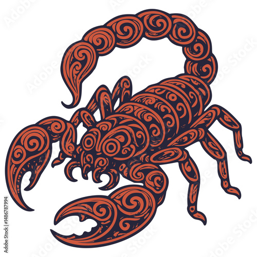 Intricate illustration of a scorpion with decorative swirls in vibrant red and black tones. Perfect for design themes involving symbolism, strength, and creativity