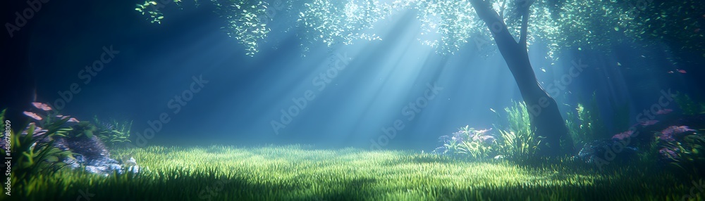 Fototapeta premium Peaceful woodland scene bathed in soft sunlight.