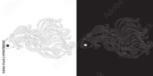 Intricate black and white line drawing of a decorative betta fish with elaborate flowing fins and a symmetrical design, showcasing artistry and marine elegance