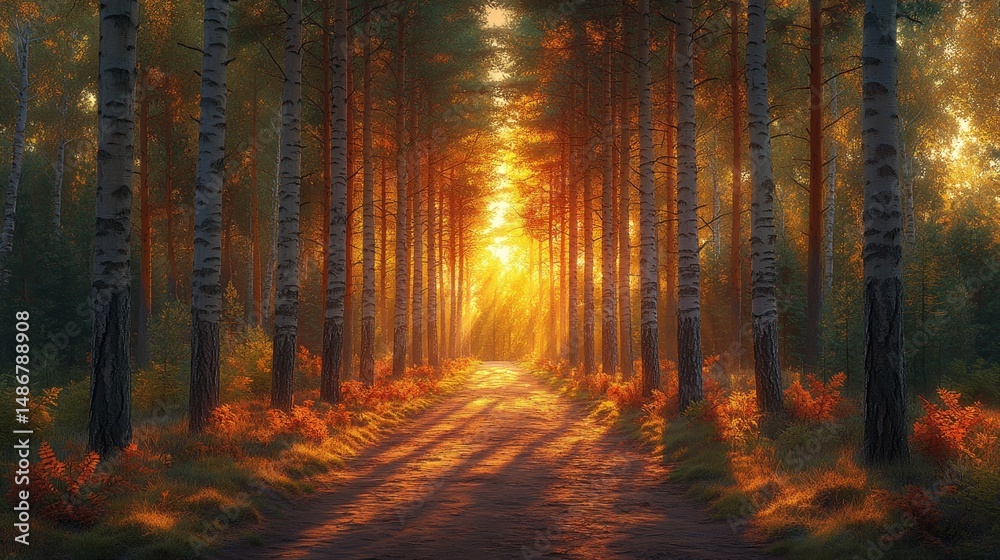 Obraz premium Golden sunlight streams through a tranquil forest path.