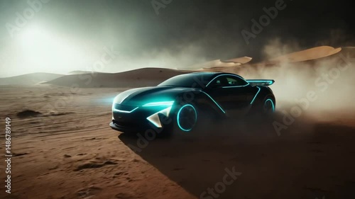 neon Futuristic car racing on desert road at sunset in vast landscape mars planet cosmic scene professional future car
