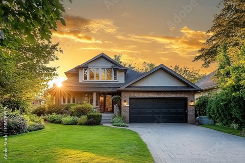 Brick suburban house with manicured lawn at dramatic golden hour sunset in residential neighborhood