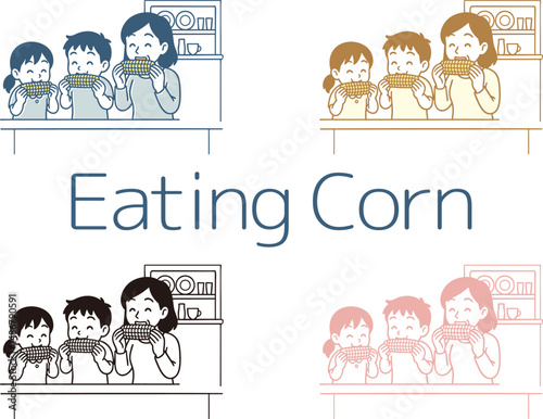 トウモロコシを食べる家族