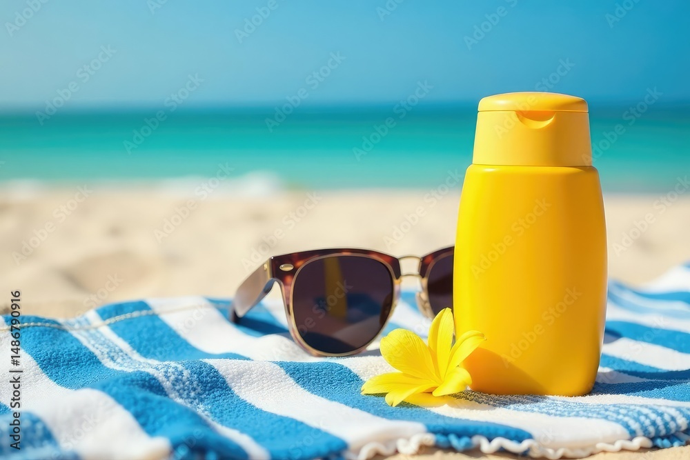 Sunscreen bottle beside sunglasses on beach towel, protection, SPF Sunscreen bottle beside sunglasses on beach towel, protection, SPF