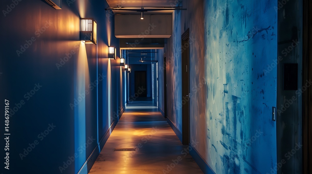 Obraz premium Long Corridor With Textured Walls And Warm Lighting Leading To Closed Doors