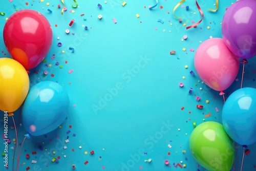 Happy birthday! Festive blue background with confetti and balloons , decoration background, design background, festive