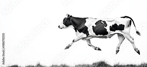 Black and white cow in motion against a plain background