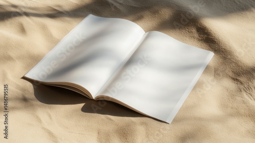 Open book on sandy beach sunlight shadows blank pages minimalist mockup