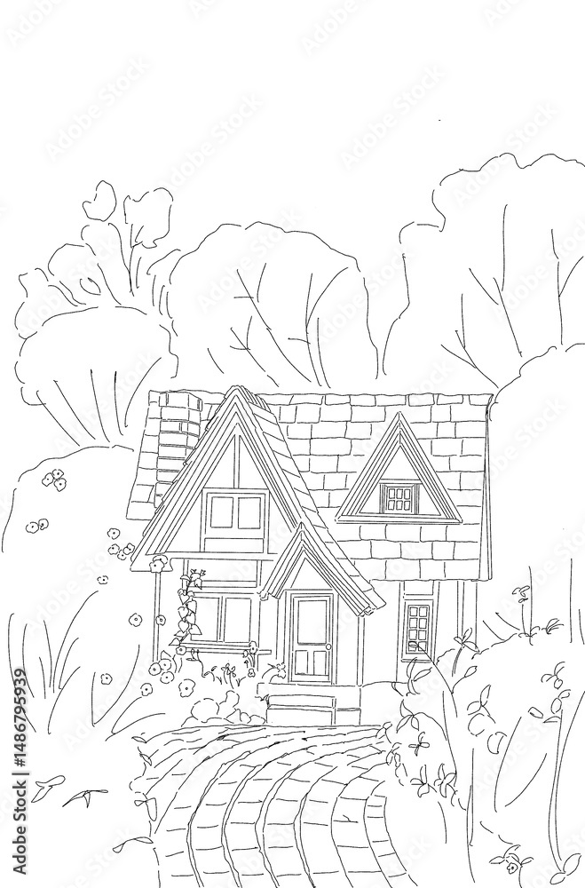Obraz premium Coloring the house scenery,색칠하기,컬러링,컬러링북