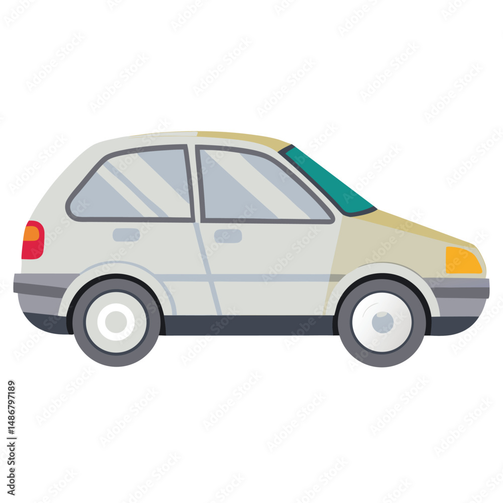 Fototapeta premium cartoon-style illustration of a light grey hatchback from a side view with white background.