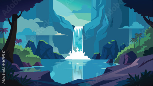 Silhouette of a Majestic, Concealed Waterfall Cascading Through Nature's Embrace
