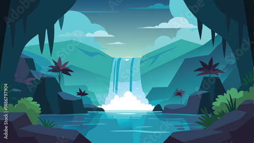 Enchanting Silhouette of a Hidden Waterfall Cascading Majestically through Lush Greenery