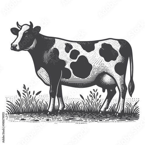 Vintage Hand-Drawn Cow Standing Illustration – Farm Animal Engraved Style Vector for T-Shirts, Posters, Stickers, and Rustic Themes Apparel