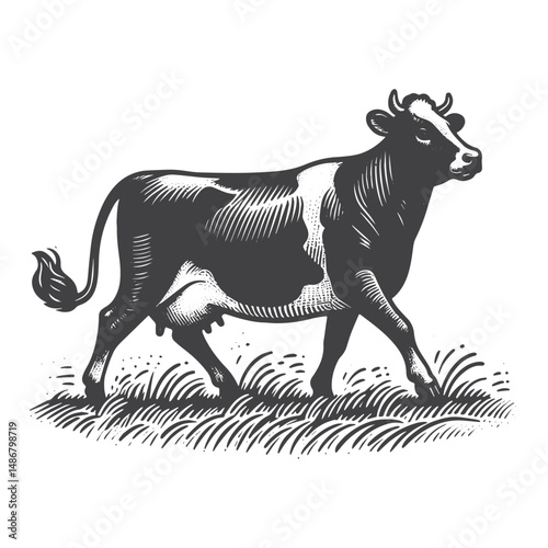 Vintage Hand-Drawn Cow Walking Illustration – Farm Animal Engraved Style Vector for T-Shirts, Posters, Stickers, and Rustic Themes Apparel