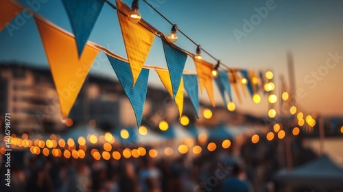 A group of people are gathered around a large banner with blue and yellow flags. The banner is lit up with lights, creating a festive atmosphere