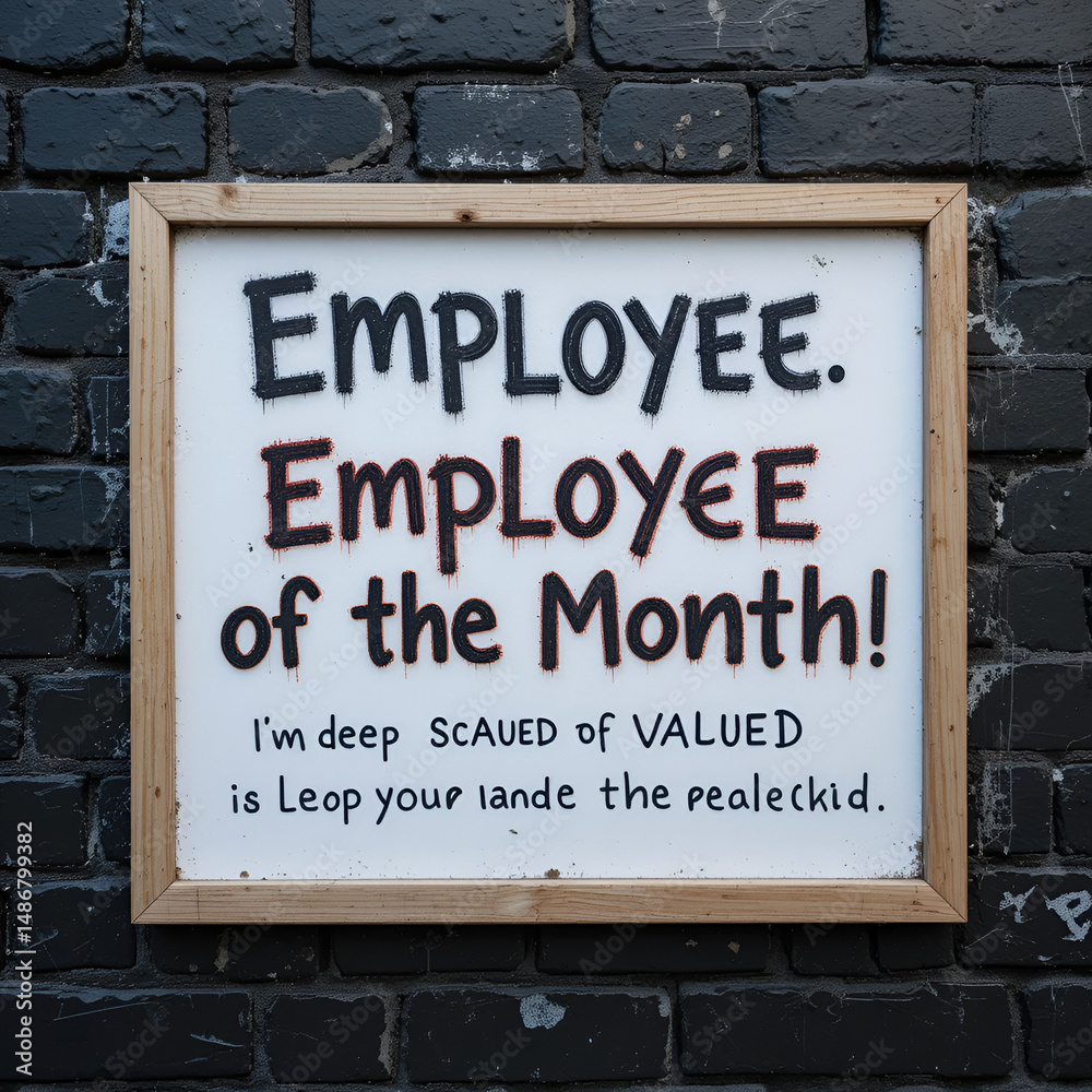 Fototapeta premium A card expressing deep appreciation for an employee and highlighting the reasons they are valued. Employee of the Month graffiti on a black brick wall with an empty frame