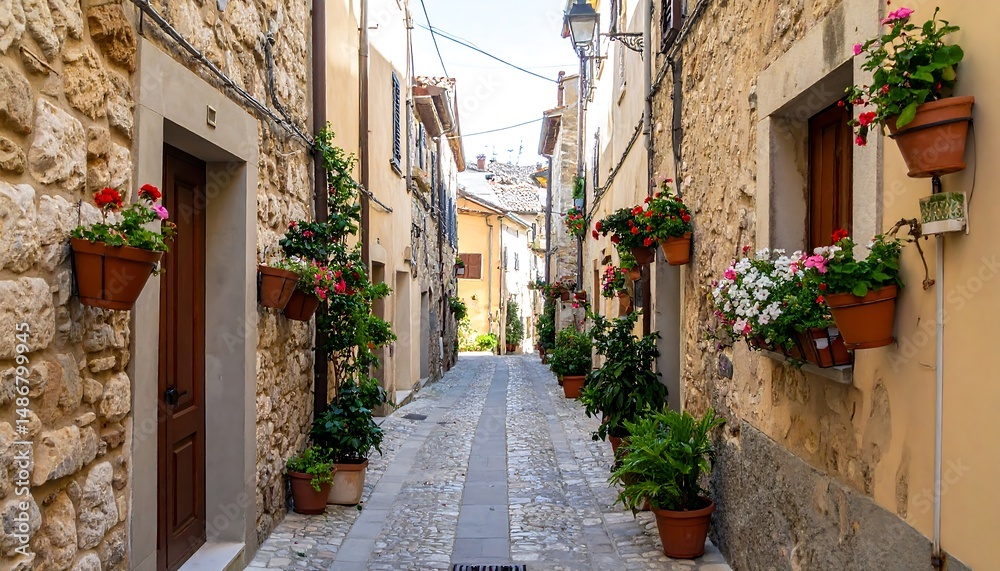 Naklejka premium Charming Italian Alleyway: Stone Buildings, Vibrant Flowers, and Cobblestone Path