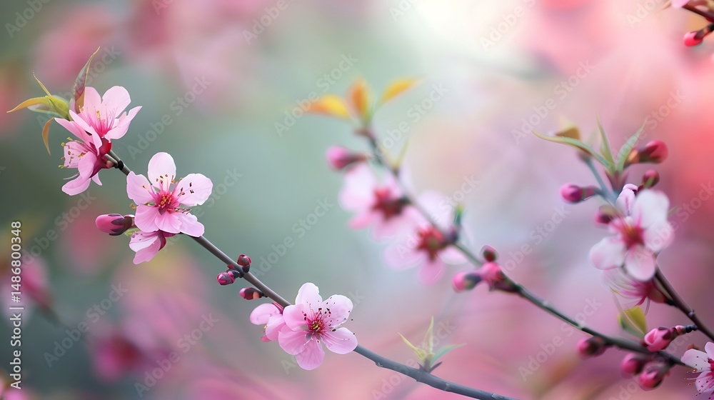 Obraz premium Pink Cherry Blossom Branch in Soft Focus with Blurred Background and Warm Sunlight