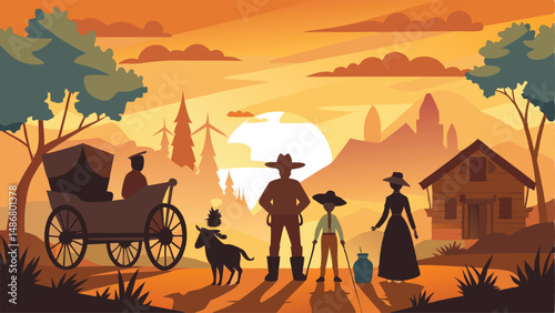 Silhouette of a Pioneer Family Settling into the Untamed Frontier