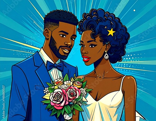 illustration of a wedding couple bride and groom, afro Caribbean sketch art 