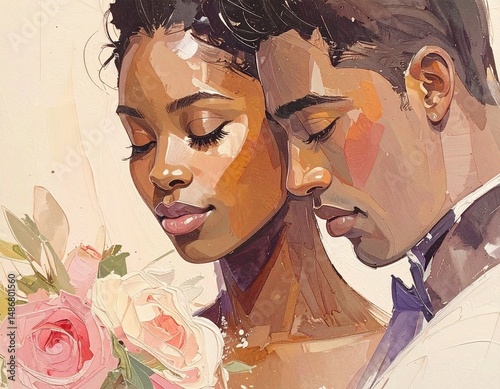 illustration of a wedding couple bride and groom, afro Caribbean sketch art 