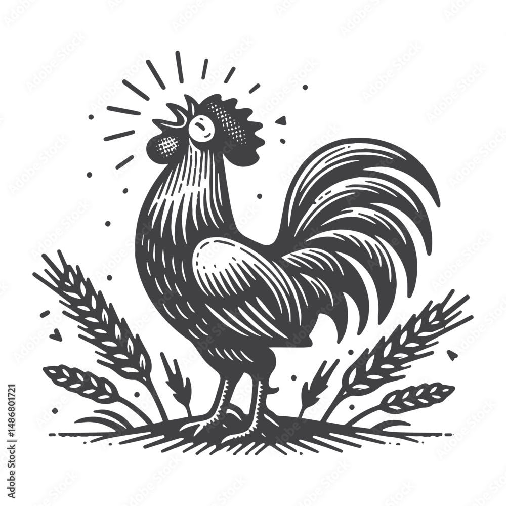 Naklejka premium Vintage Hand-Drawn Chicken with Rooster Crowing Illustration – Farm Bird Engraved Style Vector for T-Shirts, Posters, Stickers, and Rural Themes Apparel