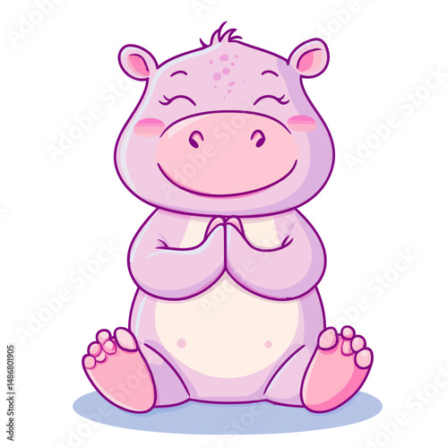 The illustration is of a hippopotamus doing yoga, described as cute, in a modern format