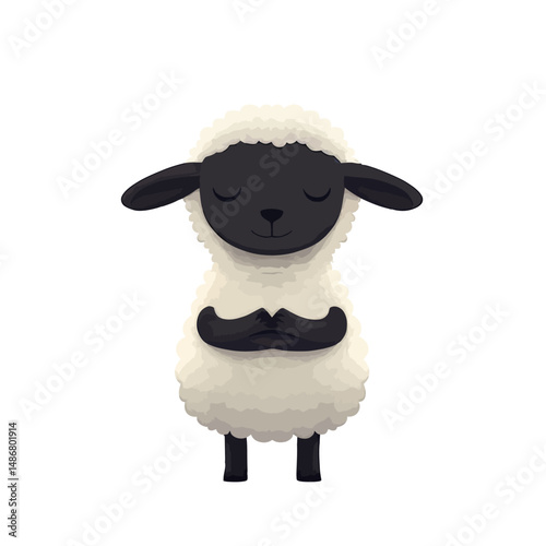 Modern illustration featuring a stubborn lamb in yoga tree pose, set amidst a seamless pattern of sheep