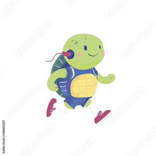 A cartoon turtle character is depicted engaging in exercise, symbolizing fitness and a healthy lifestyle, as shown in a modern illustration of a humorous animal set against a plain background