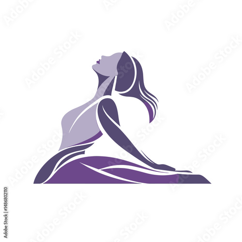 A woman is depicted in a yoga pose as a modern flat silhouette in isolation