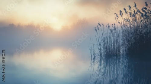 Morning mist over tranquil lake at dawn