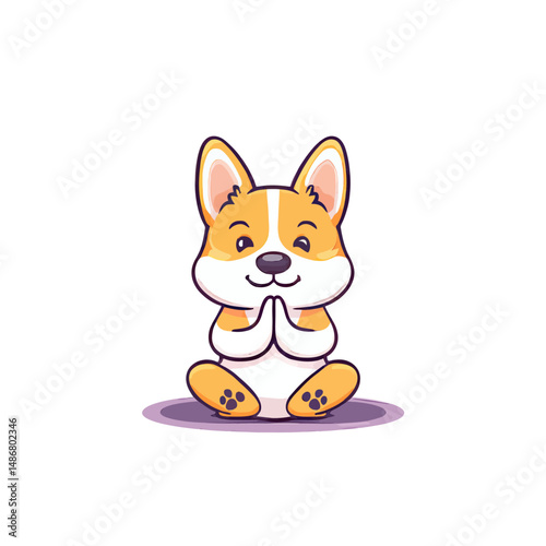 A humorous canine in a yoga position, depicted as a flat modern illustration with an isolated background