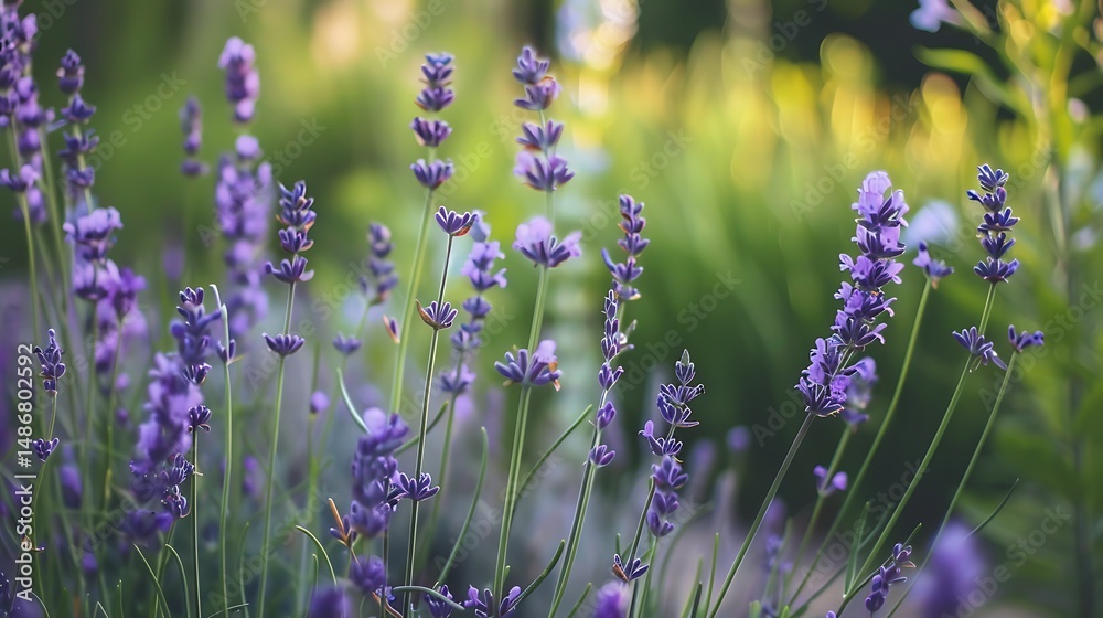 Fototapeta premium Purple Lavender Flowers Blooming In Green Garden Under Soft Sunlight
