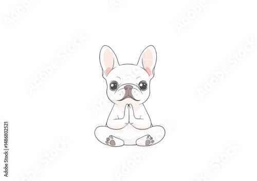 A French Bulldog in a yoga pose is depicted in a flat color design style, offering minimalistic art with multiple uses