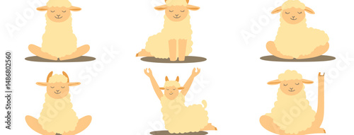 A collection of yoga poses featuring sheep, along with other farm animals, presented in a flat design style