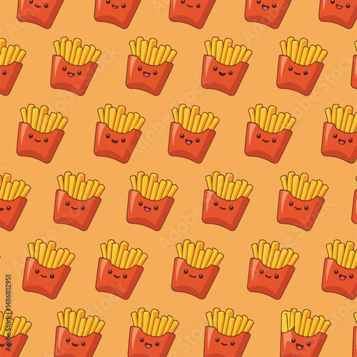 This image showcases a repeating pattern of charming cartoon French fries containers with adorable faces.