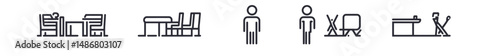 A set of modern sport line icons is outlined, including linear illustrations of a scoreboard, gymnastics, aerobics, volleyball, lacrosse, and a match