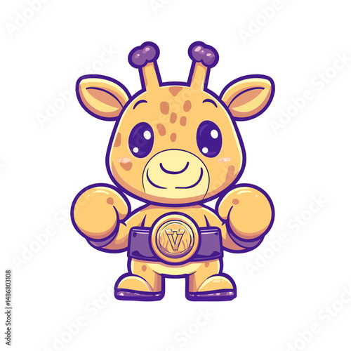 A cartoon giraffe wearing a boxer's costume and holding a champion belt is depicted in a cute and isolated animal concept