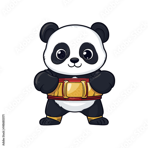 A cute panda wearing a boxer costume and holding a champion belt is depicted in an isolated animal cartoon concept