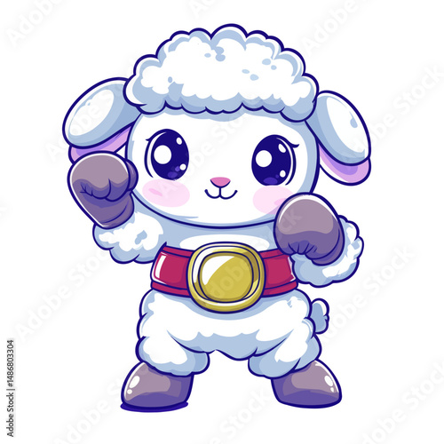 A cartoon concept featuring a sheep in a boxer costume with a champion belt, presented in a flat style and isolated for use on various products