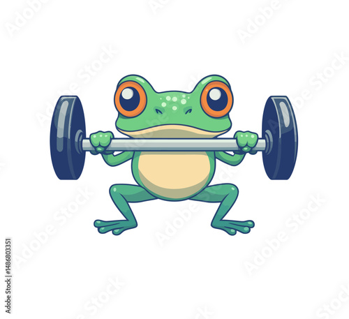 The illustration features a cute cartoon frog engaged in weightlifting at a gym, utilizing a barbell and dumbbells, designed for kids in a modern flat style