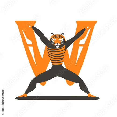 A contemporary illustration featuring a solitary animal character, specifically an Amur tiger, adopting a sportive stance and performing the Warrior 2 pose in a yoga class, which is a standing