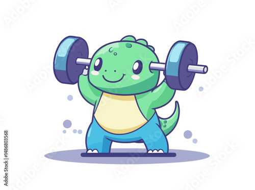 Modern icon illustration of a muscular crocodile bodybuilder with a dumbbell, featuring a cute character in isolated flat design