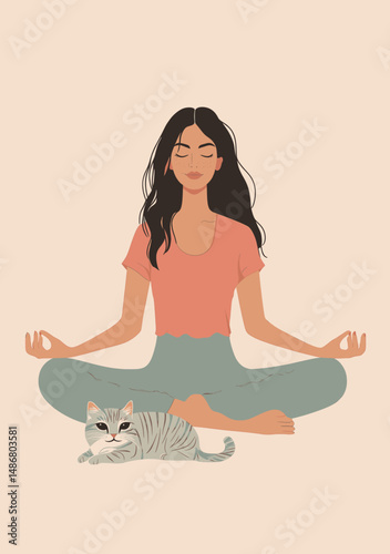 A girl in a dark gray tracksuit is sitting in a lotus position with her pet on a light background in this modern illustration of a yoga poster