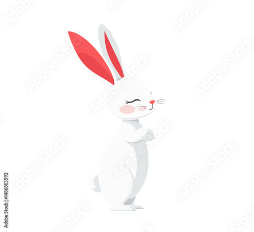 The cute strong rabbit closed his eyes, depicted in an isolated cartoon flat style as a sticker for web design, icon illustration, premium modern logo, and mascot character