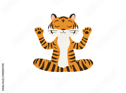 Modern illustration of a cartoon animal performing Astavakrasana, a balancing yoga pose, featuring an Asian tiger in Eight-Angle Pose, incorporating geometric concepts for abs and arms exercise
