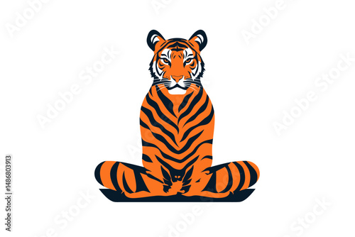 A contemporary isolated concept featuring a cartoon animal character practicing yoga, specifically Mayurasana, with a Korean tiger executing the Peacock Pose, presented in a simplified flat