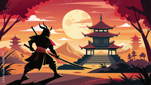 Samurai Warrior's Silhouette in Preparation for Battle