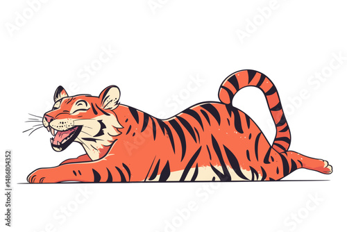 Modern isolated concept featuring an animal cartoon character practicing yoga in Samakonasana, with a Chinese tiger mastering the Straight Angle Pose, also known as Side split, in a flat illustration