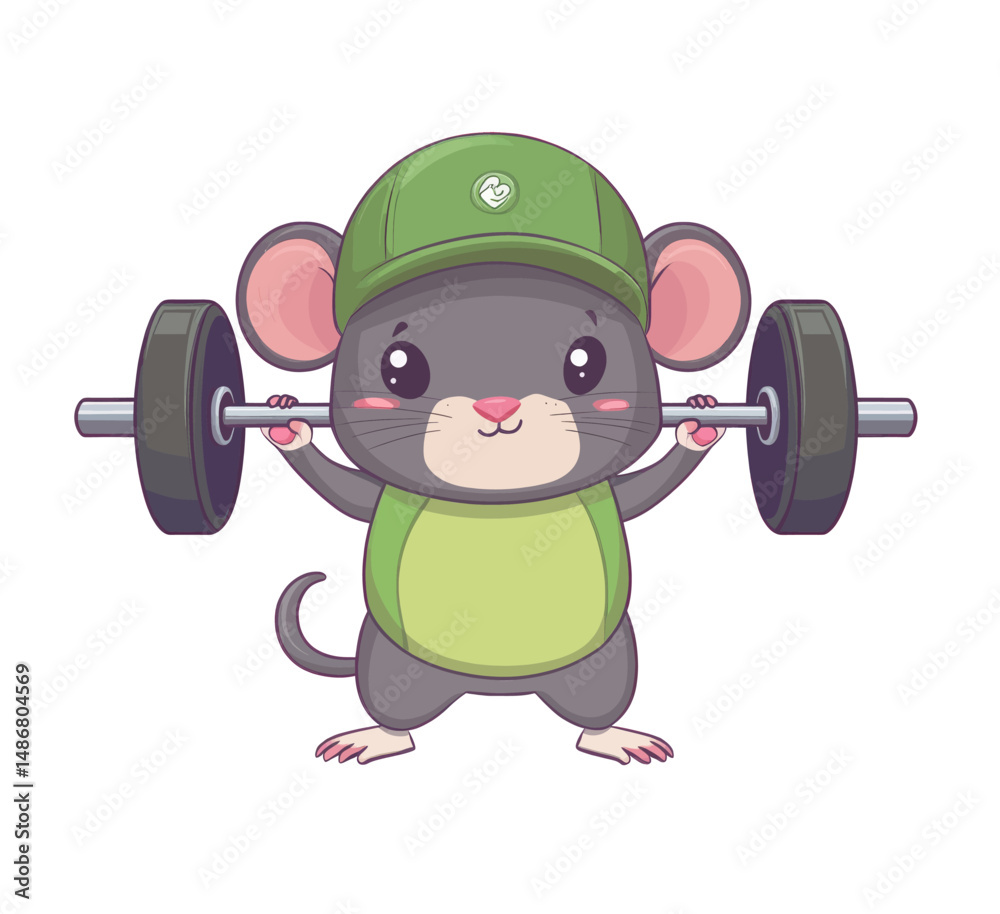 Modern illustration of an isolated cartoon mouse lifting weights in a cute manner